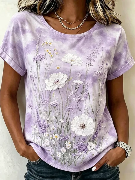 Women Floral Short Sleeve Tee T-shirt Crew Neck Printing Casual Graphic Tee Summer Top