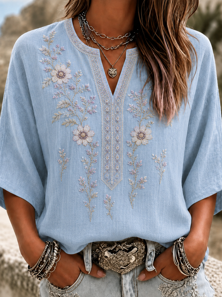 Half Open Collar Half Sleeve Floral Regular Micro-Elasticity Loose Blouse For Women