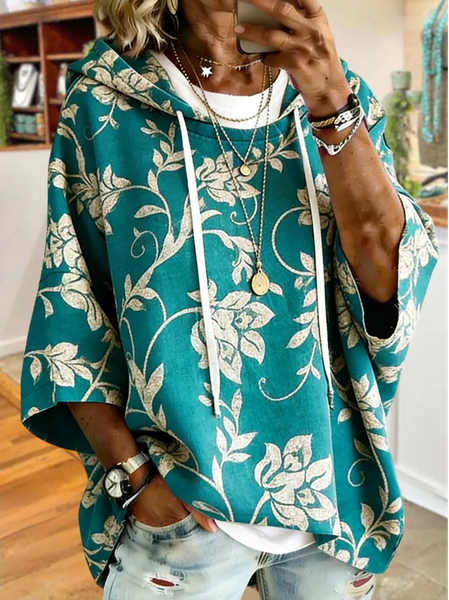 Women Floral Printing Half Sleeve Casual Daily Spring/Fall Hoodie