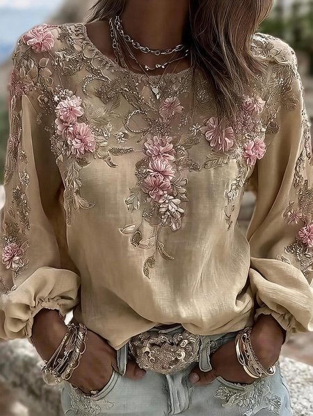 Crew Neck Long Sleeve Floral Regular Micro-Elasticity Loose Blouse For Women