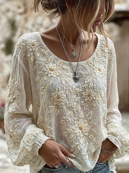 Crew Neck Long Sleeve Floral Lightweight Micro-Elasticity Loose Blouse For Women