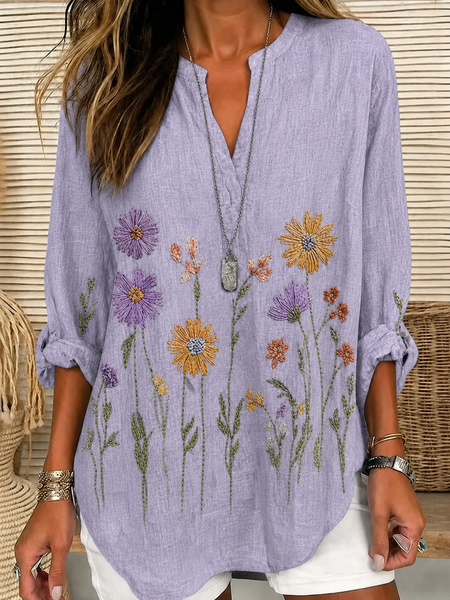 V Neck Long Sleeve Floral Printing Regular Loose Shirt For Women