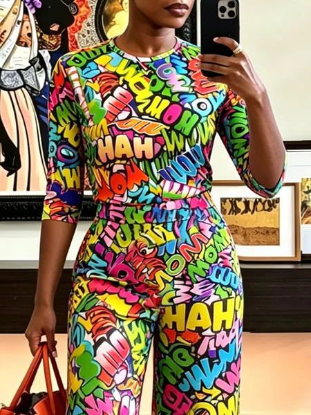 Casual Random Print Printing Crew Neck T-shirt