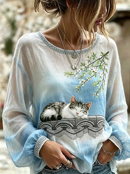 Crew Neck Long Sleeve Floral Lightweight Micro-Elasticity Loose Blouse For Women