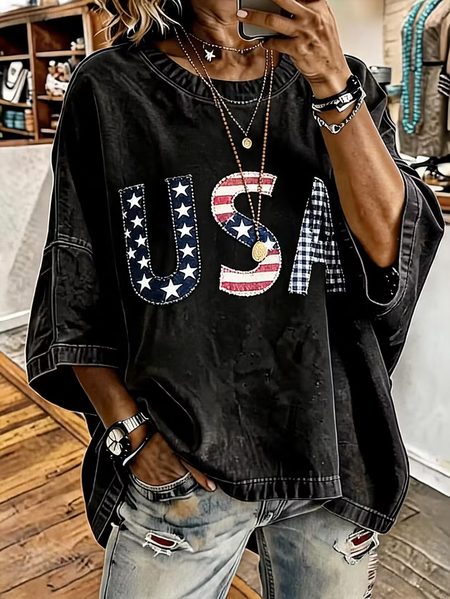 Women America Flag Half Sleeve Tee T-shirt Crew Neck Printing Vintage Summer Top
