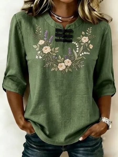 Women Floral Mandarin Collar Half Sleeve Blouse Printing Vintage Daily Summer Top
