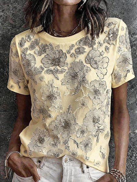 Vintage Floral Crew Neck Short Sleeve T-shirt