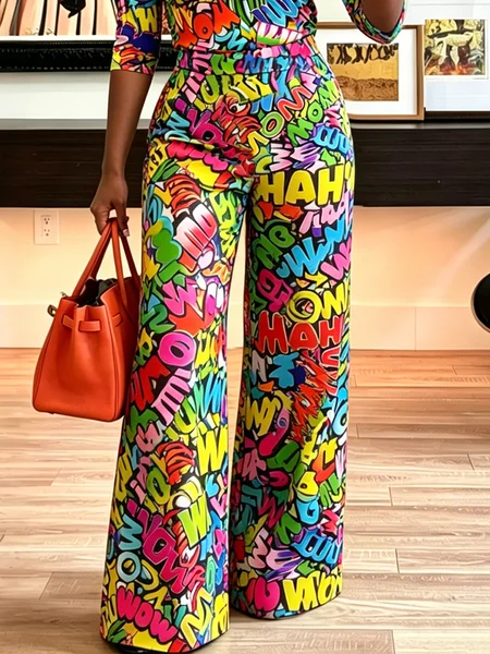 Casual Random Print Printing Wide Leg Pants