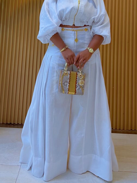 

Casual Plain Wide Leg Cotton And Linen Pants, White, Pants