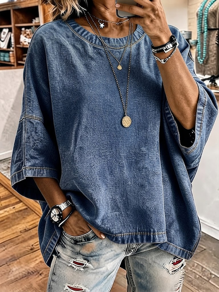 

Women Plain Half Sleeve Tee T-shirt Crew Neck Printing Vintage Summer Top, Blue, T-Shirts