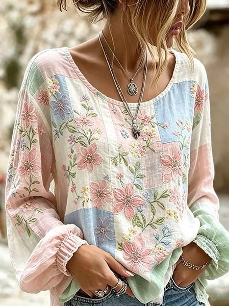 

Crew Neck Long Sleeve Floral Lightweight Micro-Elasticity Loose Blouse For Women, Multicolor, T-shirts