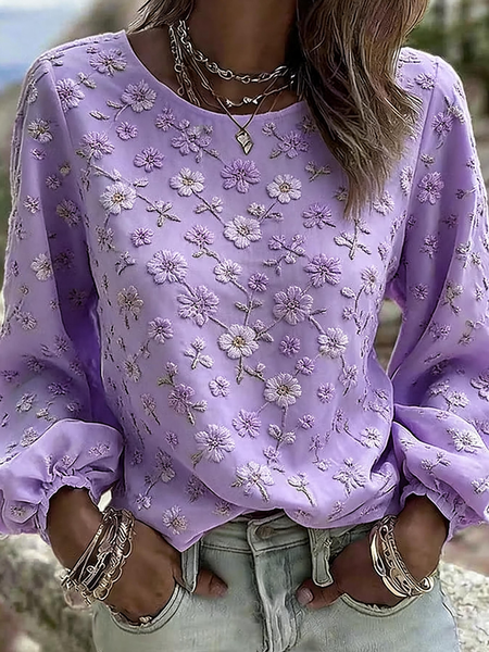 Crew Neck Long Sleeve Floral Regular Micro-Elasticity Loose Blouse For Women