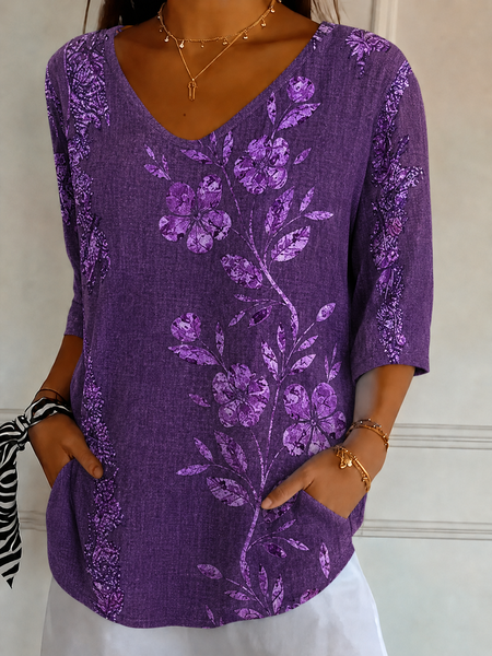 Casual Floral V Neck Short Sleeve T-shirt