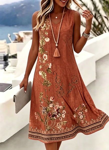 Women Floral Summer Dress V Neck Sleeveless Tank A-Line Dress