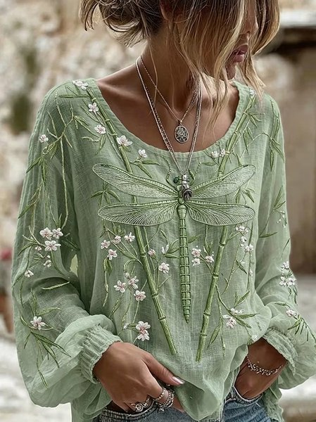 Crew Neck Long Sleeve Floral Lightweight Micro-Elasticity Loose Blouse For Women