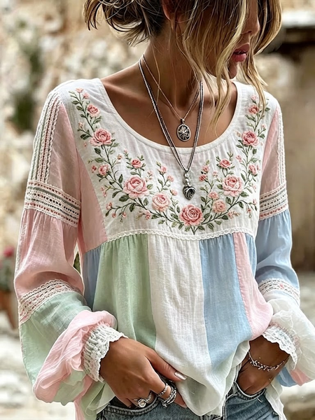 Women Floral Crew Neck Long Sleeve Blouse Printing Vintage Daily Spring/Fall Top
