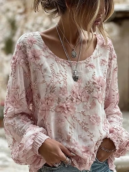 Crew Neck Long Sleeve Floral Lightweight Micro-Elasticity Loose Blouse For Women