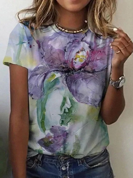 Vintage Floral Crew Neck Short Sleeve T-shirt