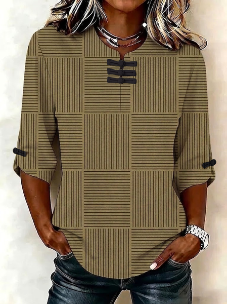 Women Striped Mandarin Collar Half Sleeve Blouse Printing Vintage Daily Summer Top
