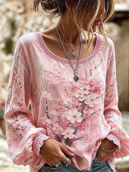 Crew Neck Long Sleeve Floral Lightweight Micro-Elasticity Loose Blouse For Women