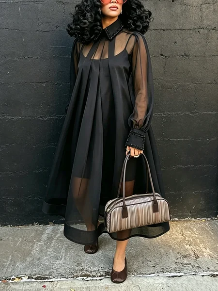 Elegant Plain Hot Drilling Shawl Collar Midi Dress