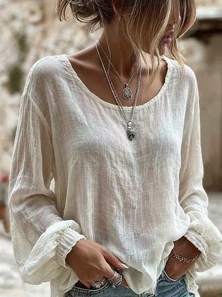 Crew Neck Long Sleeve Floral Lightweight Micro-Elasticity Loose Blouse For Women
