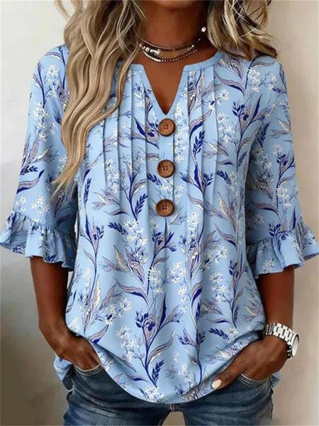 V Neck Half Sleeve Floral Regular Regular Fit Blouse For Women