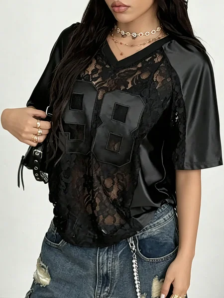Urban Text Letters Split Joint Lace V Neck T-shirt