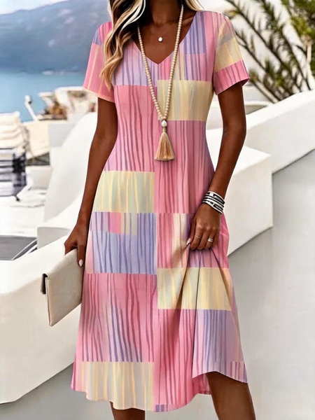 Women Striped Summer Dress V Neck Short Sleeve A-Line Dress