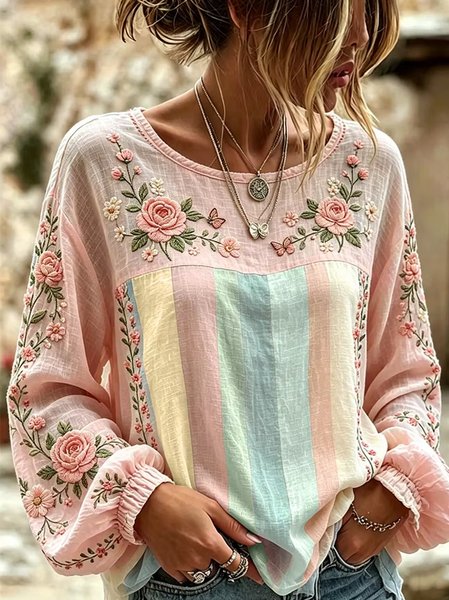 Crew Neck Long Sleeve Floral Lightweight Micro-Elasticity Loose Blouse For Women