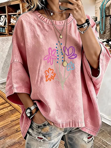 Women Floral Half Sleeve Tee T-shirt Crew Neck Printing Vintage Summer Top