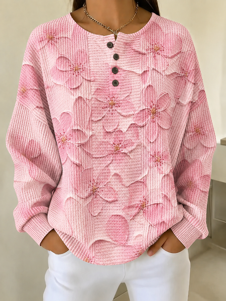 Women 3D Printing Half Open Collar Casual Spring/Fall Long Sleeve Sweatshirt