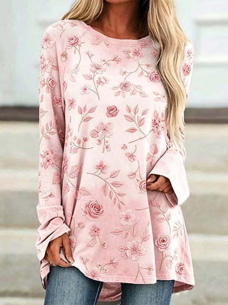 Casual Floral Crew Neck Long Sleeve T-shirt