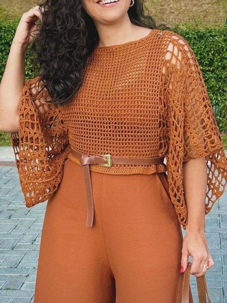 Casual Plain Hollow Out Crew Neck Knit Top No Belt