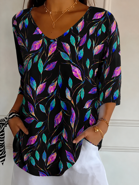 Casual Leaf V Neck Short Sleeve T-shirt