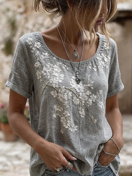 Vintage Floral Crew Neck Short Sleeve T-shirt