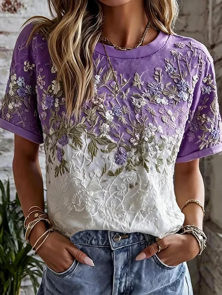 Vintage Floral Crew Neck Short Sleeve T-shirt