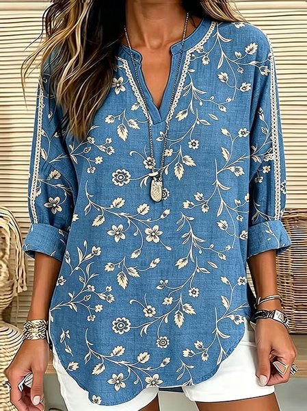 V Neck Long Sleeve Floral Printing Regular Loose Shirt For Women