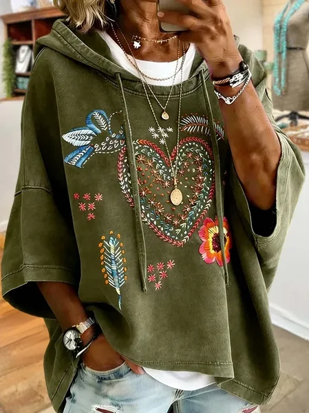 Women Floral Printing Half Sleeve Casual Daily Spring/Fall Hoodie