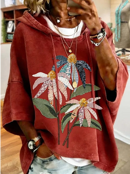 

Women Floral Printing Half Sleeve Casual Daily Spring/Fall Hoodie, Red, Sweatshirts & Hoodies
