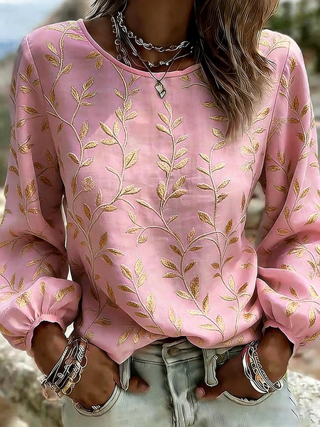 Crew Neck Long Sleeve Leaf Regular Micro-Elasticity Loose Blouse For Women