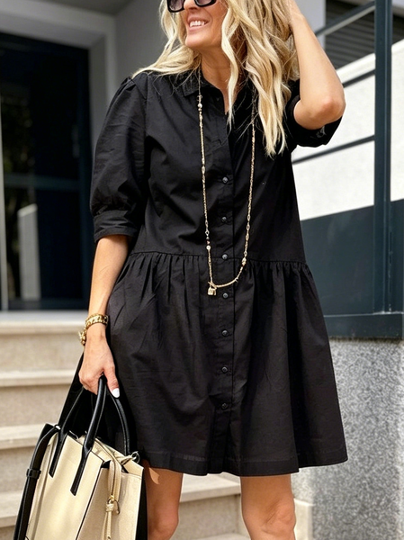 Cotton Casual Plain Buttoned Mini Dress
