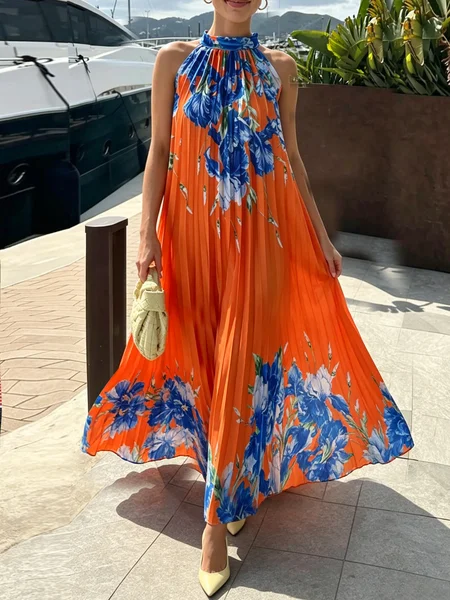 Vacation Floral Printing Halter Neck Maxi Dress