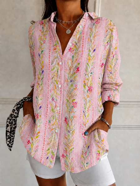 Shirt Collar Long Sleeve Floral Regular Micro-Elasticity Loose Shirt For Women
