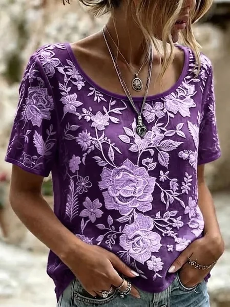 Casual Floral Crew Neck Short Sleeve T-shirt