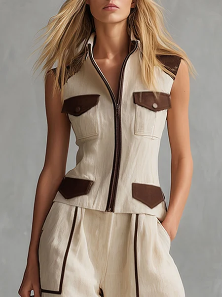 Cotton And Linen Casual Split Joint Color Block Shawl Collar Vest