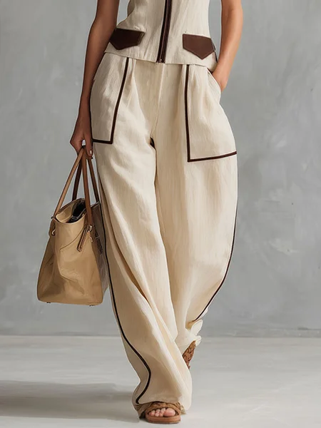 Cotton And Linen Casual Color Block Split Joint Wide Leg Pants