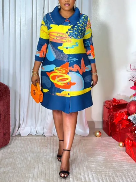 Elegant Random Print Printing Shawl Collar Knee Length Dress