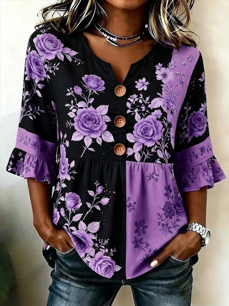 Women Floral V Neck Half Sleeve Blouse Printing Vintage Daily Summer Top