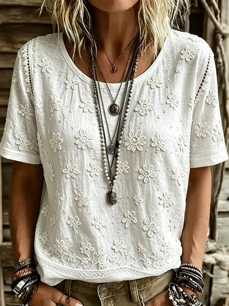 Women Floral Short Sleeve Tee T-shirt Crew Neck Printing Casual Graphic Tee Summer Top